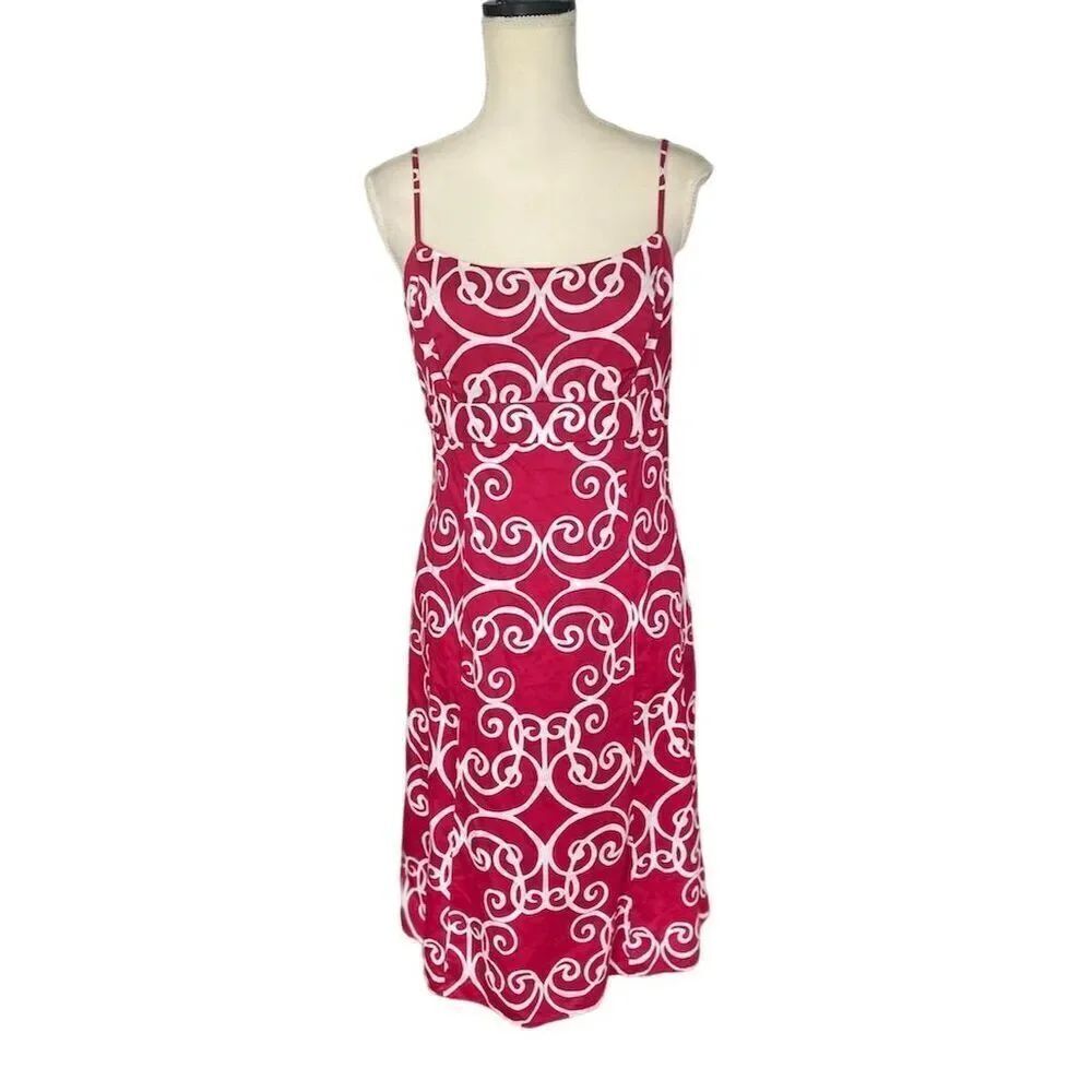 Ann Taylor Women's Raspberry Red Swirl Spaghetti Strap Cotton Midi Dress Size 8